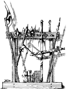Pen-and-ink drawing of a weapon rack by Erol Otus, 1980.
