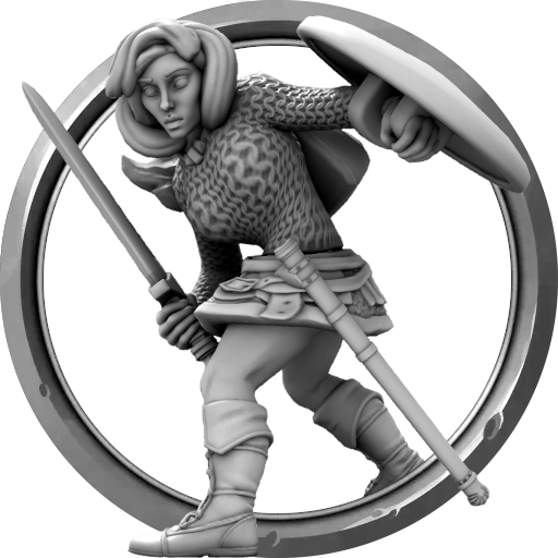 Hero Forge model based on the pen-and-ink drawing of a fantasy female fighter (who I assume to be) named Morgan Ironwolf by Jeff Dee, 1980.
